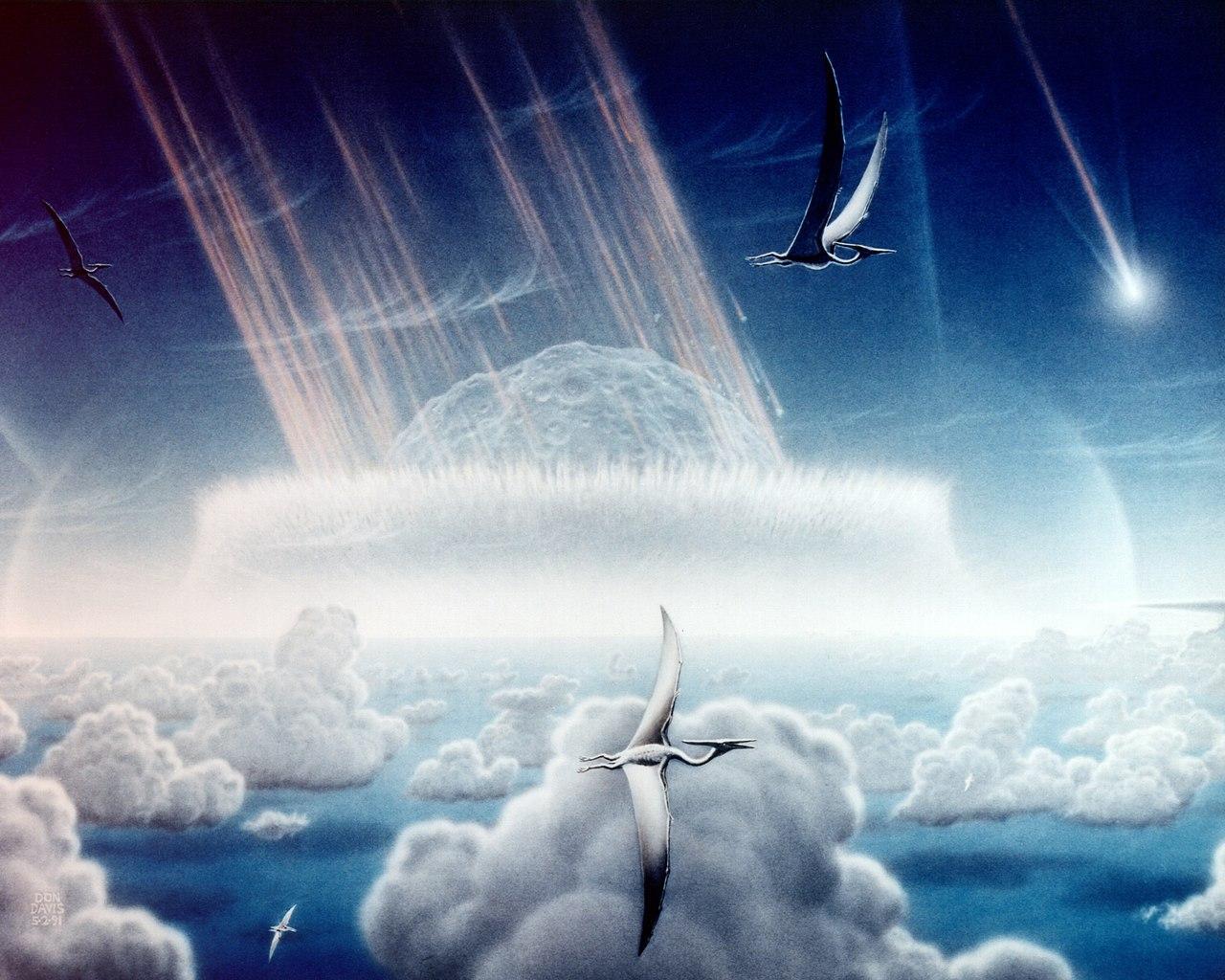 A picture that shows a large asteroid hitting the Earth
