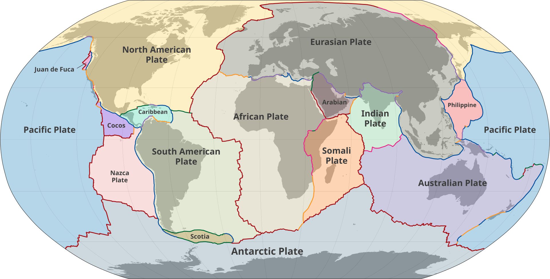 A map showcasing the individual tectonic plates of the Earth