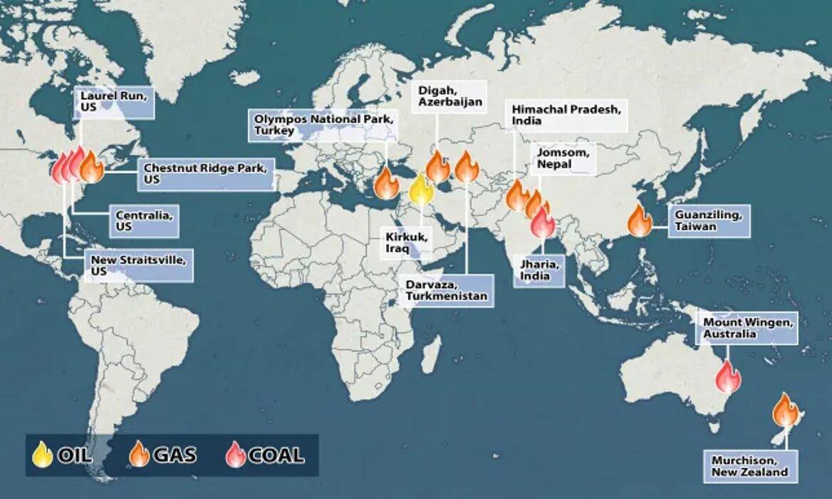 A map showcases the many eternal flames found around the world