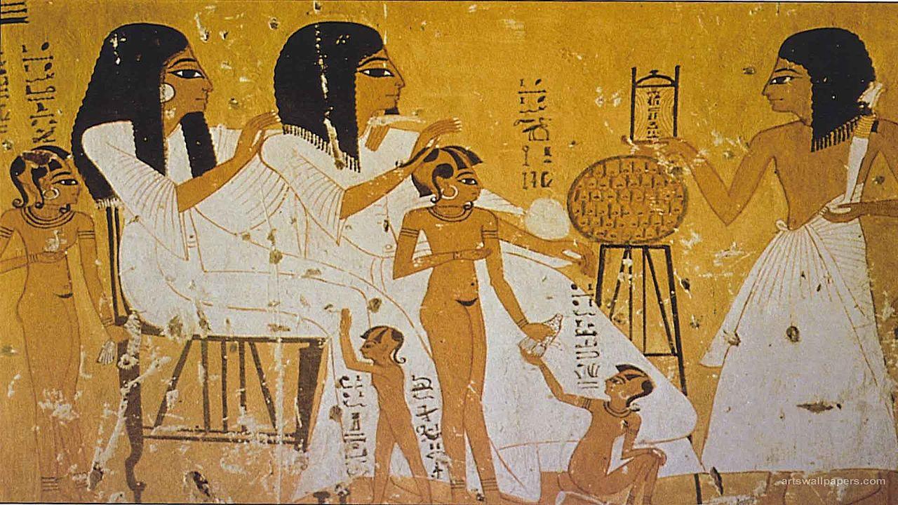 A photograph of ancient Egyptian artwork depicting members of the upper class