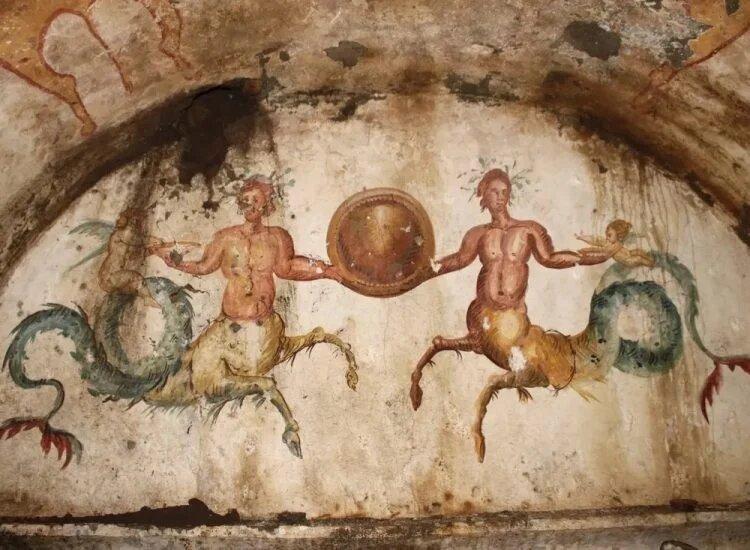 A photograph of the mythical Icthyocentaurs painted on the tomb’s walls