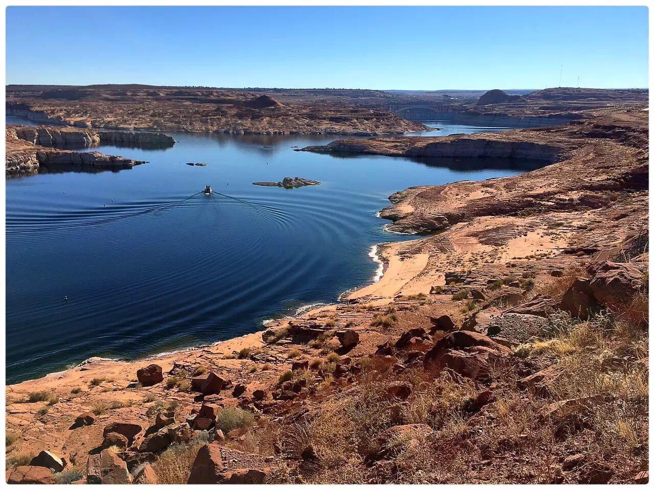 A photograph showcasing low water levels at Lake Powell