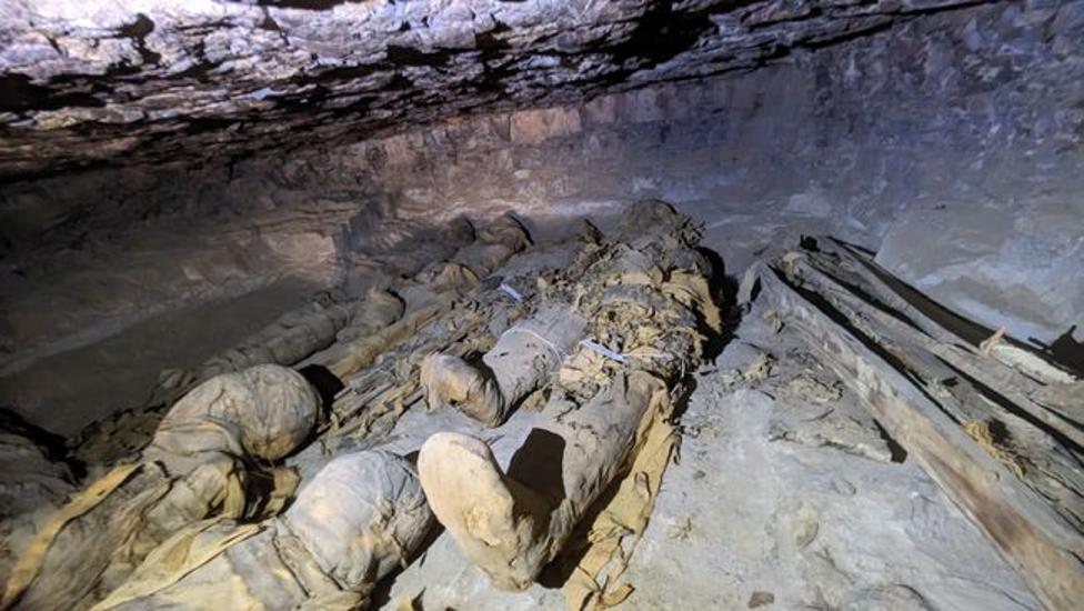 A photograph of several mummies found in the Egyptian Tomb