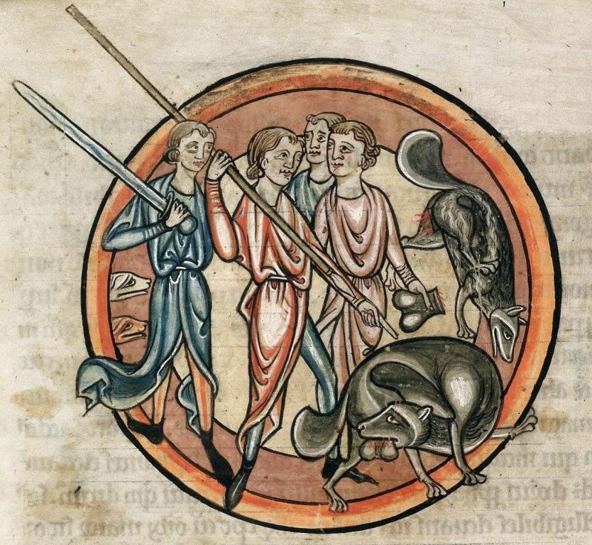 A depiction of medieval Britons hunting beavers