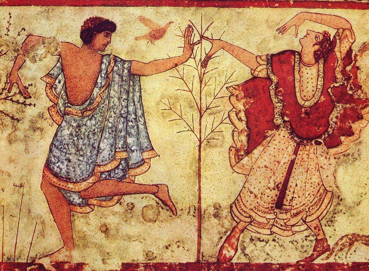 A photograph depicting a mural of two Etrsucan dancers