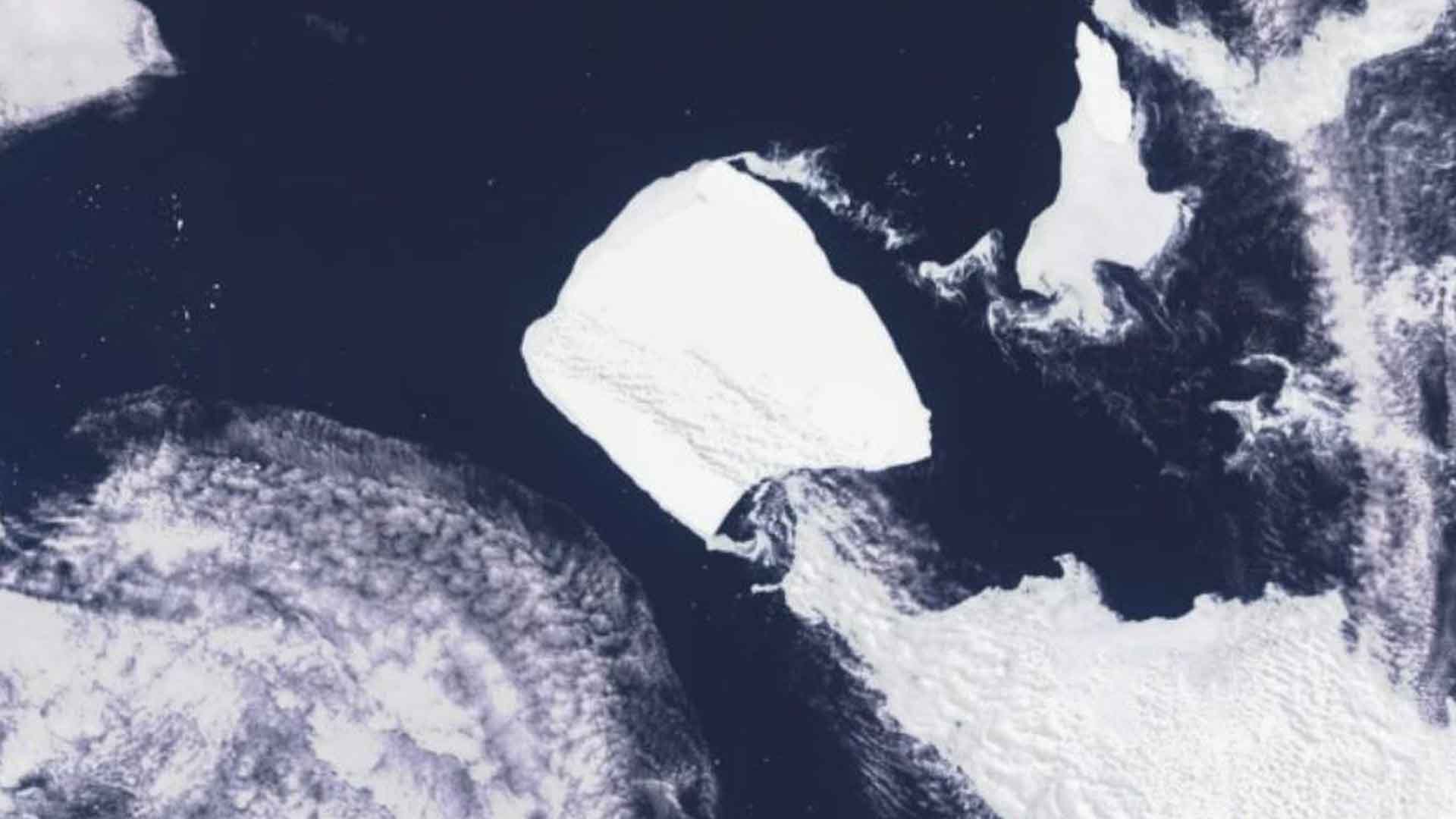 Satellite view of A23a iceberg moving through the sea near Antarctica.