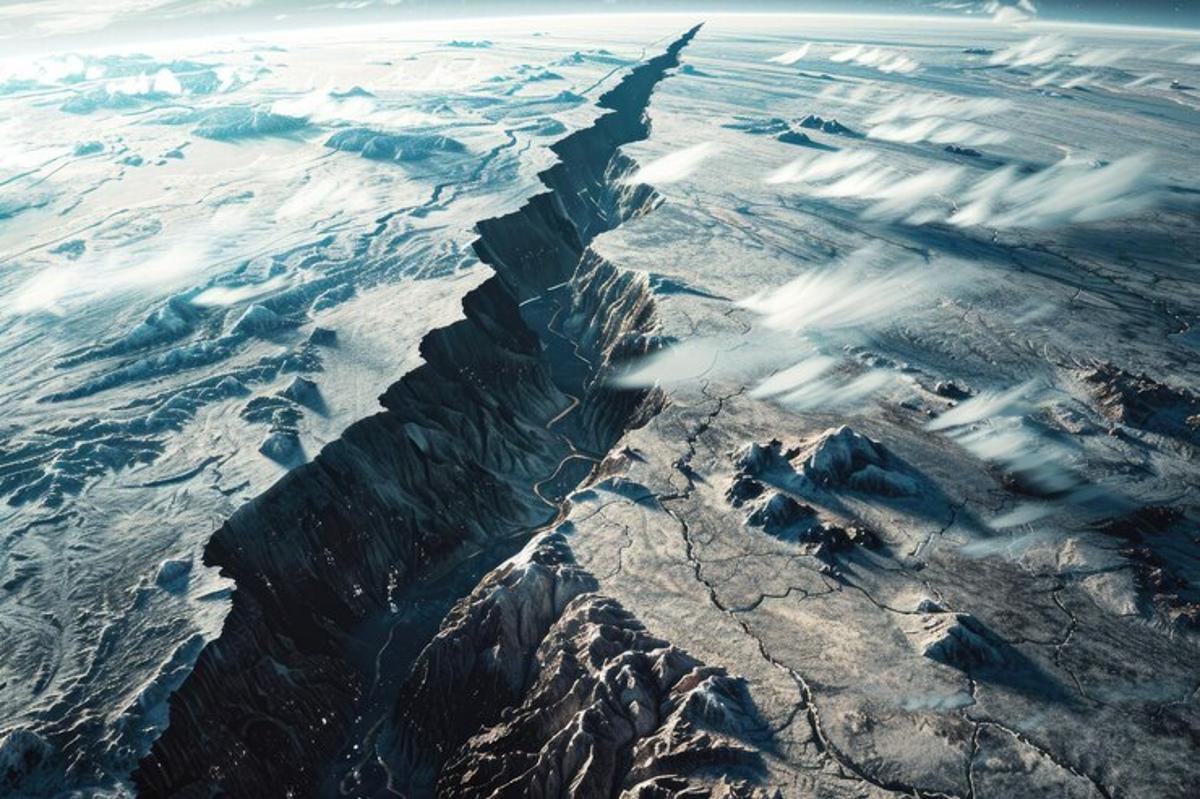 A photograph of a large crack appearing in the land