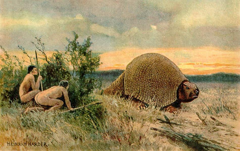 An artist's depiction of ancient humans hunting
