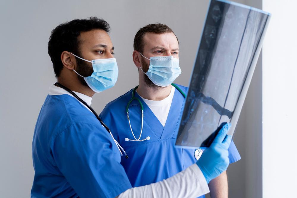 A photograph of doctors checking out X-ray results