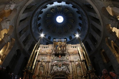 This is the site of the Resurrection of Jesus Christ. This is the centre of the world, the church of the Holy Sepulchre in Jerusalem, and at its heart, under this dome, is this little building, the Aedicule, and within it is the empty tomb of Jesus Christ