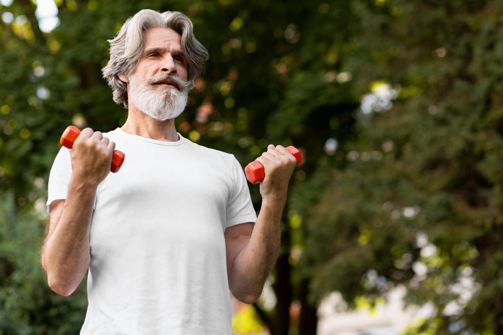 A photograph of an older man exercising