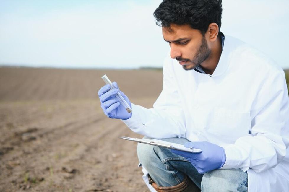 A photograph of a scientist collecting a soil sample