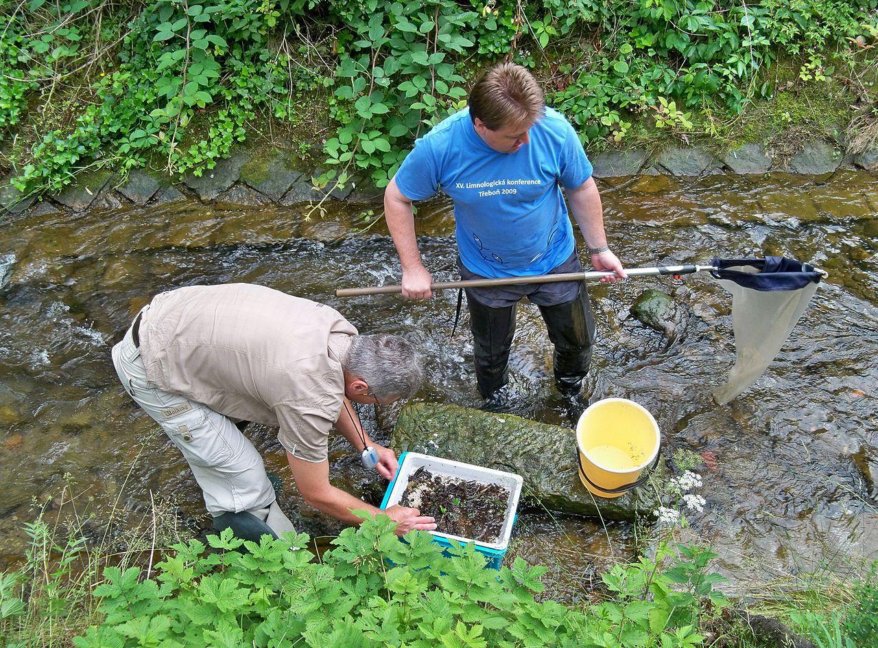 A photograph of several geologists working in a riverbed