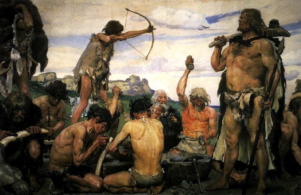 A painting depicting Homo sapiens gathered around a fire