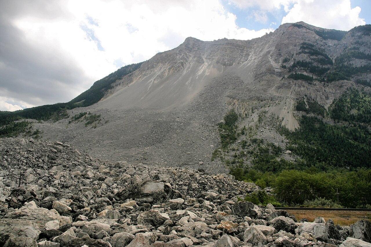 A photograph of the aftermath of a large landslide