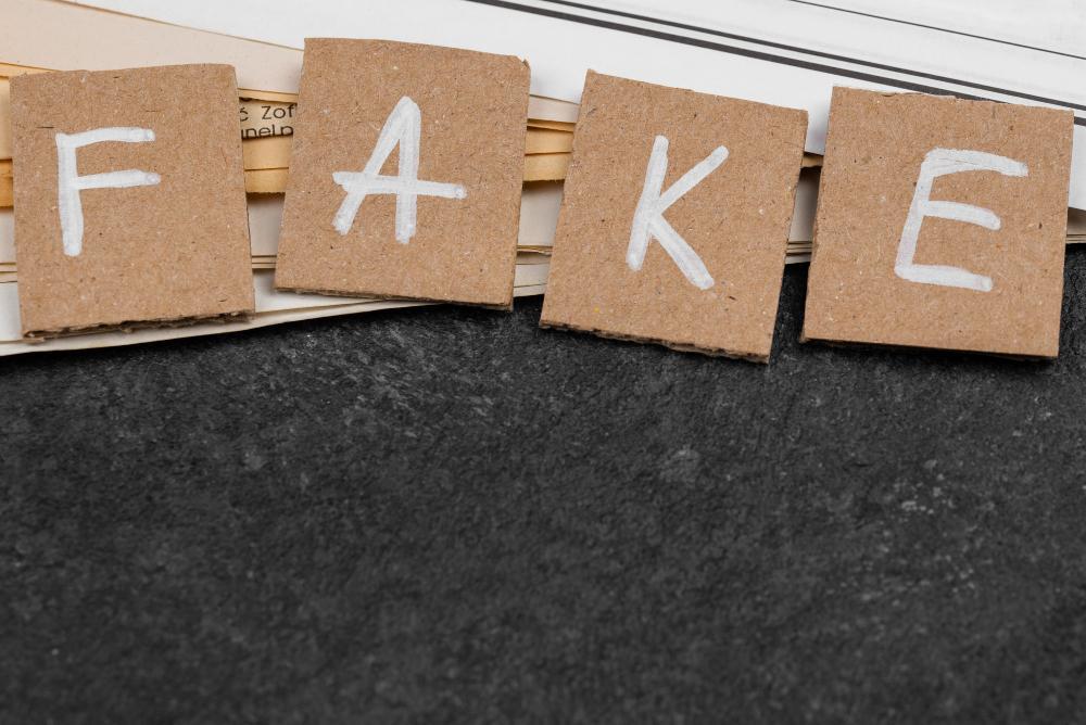 A photograph of several pieces of cardboard spelling out fake
