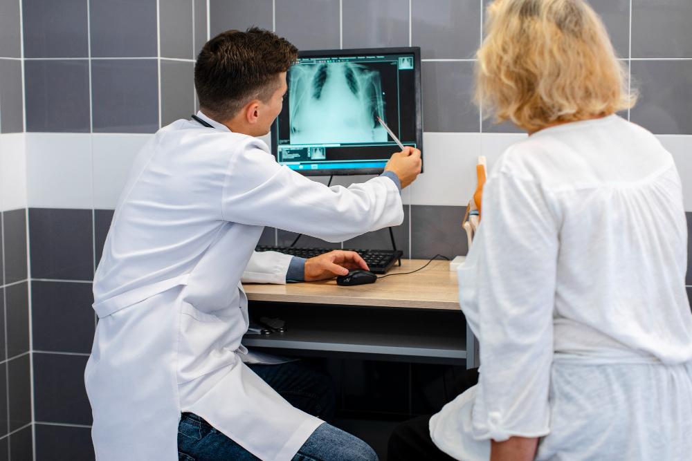 A photograph of two doctors looking at a patient's X-ray
