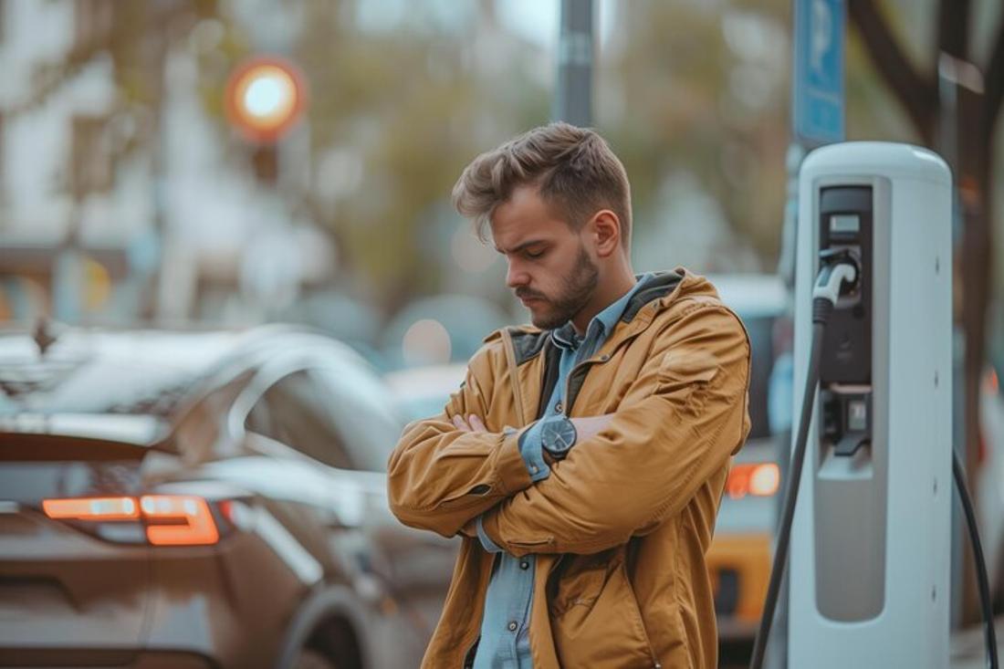 A man is pictured waiting for his electric vehicle’s charge to reach 100%
