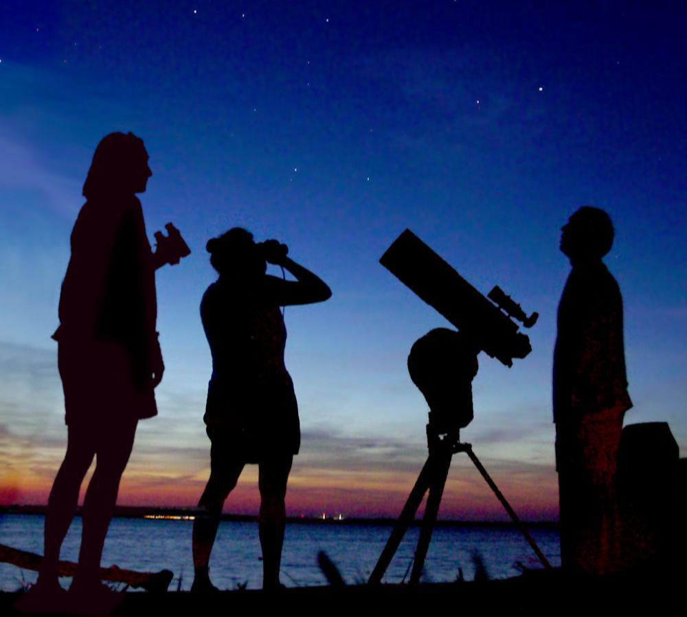 A photograph of several people staring at stars
