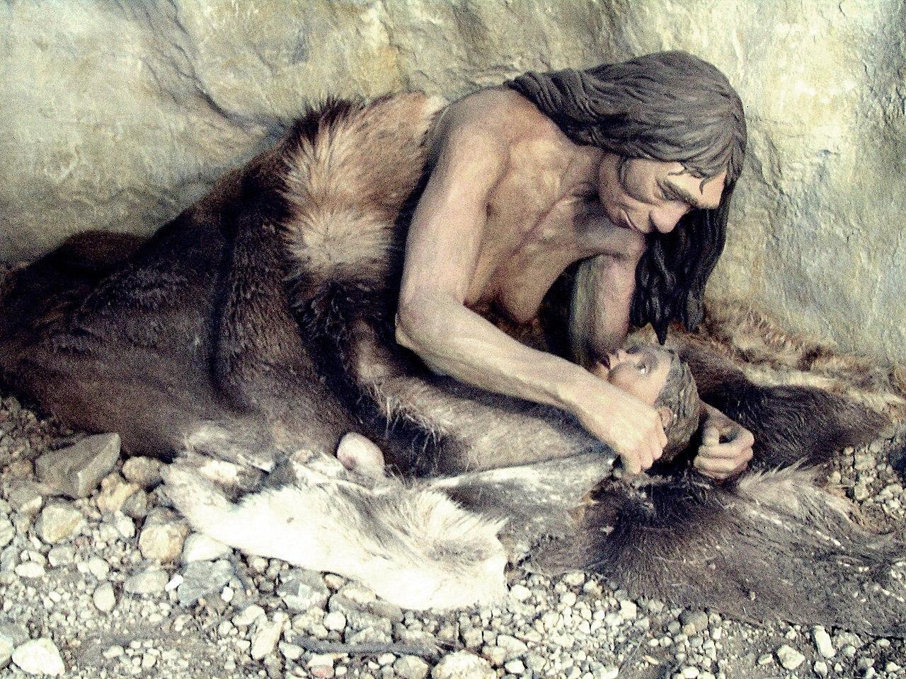 A museum exhibition showcasing a Neanderthal mother and her child