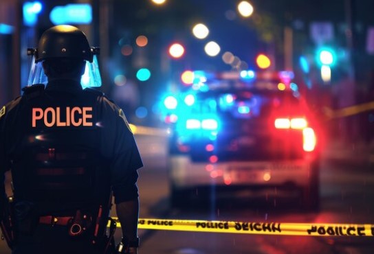 Back of a policeman and police car with sirens