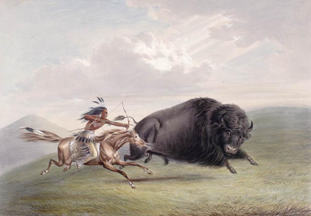 A photograph of a native American hunting a bison