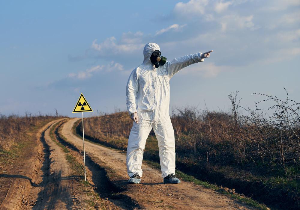 A photograph of a person standing beside a radioactive sign