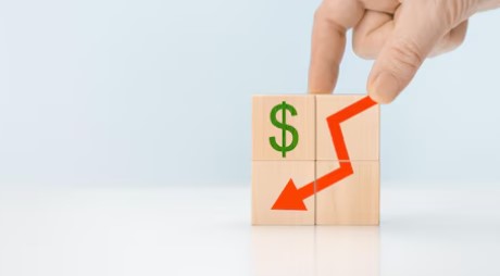 dollar sign and downward arrow on wooden blocks which a hand is holding onto
