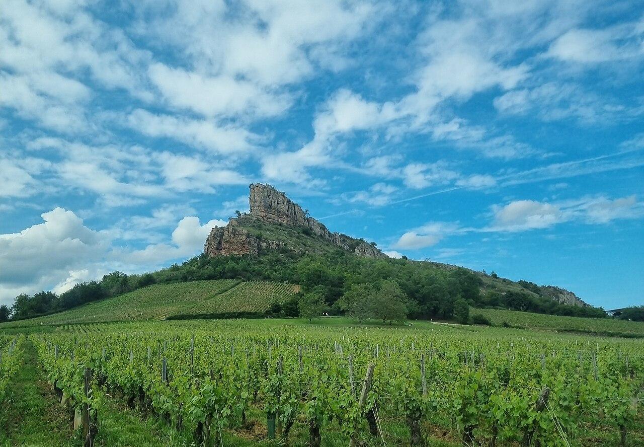 A photograph of a landmark known as the Rock of Solutré