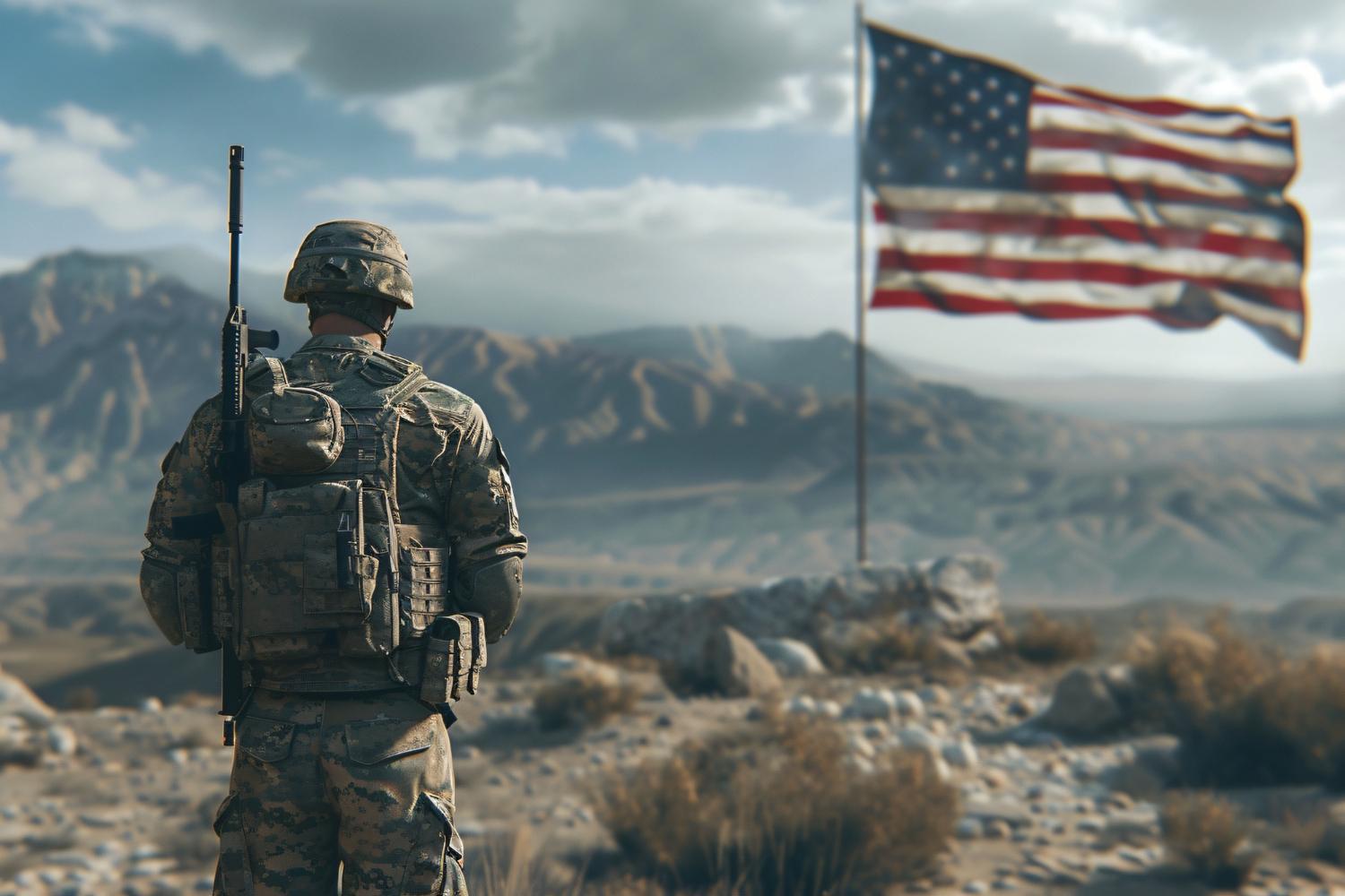 A photograph of an American soldier beside a US flag