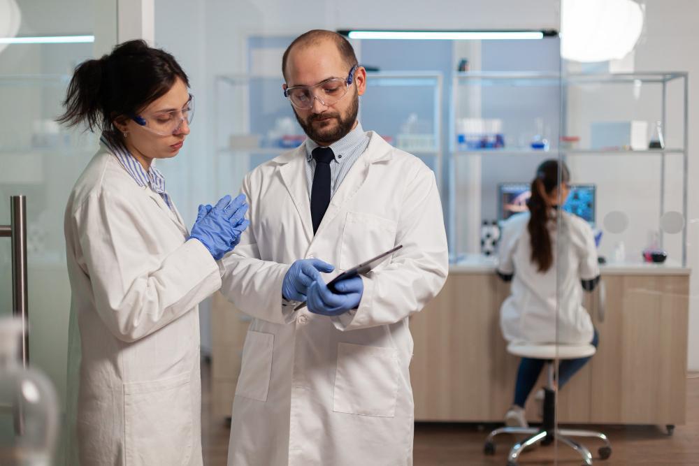 A photograph of numerous scientists working inside their laboratory