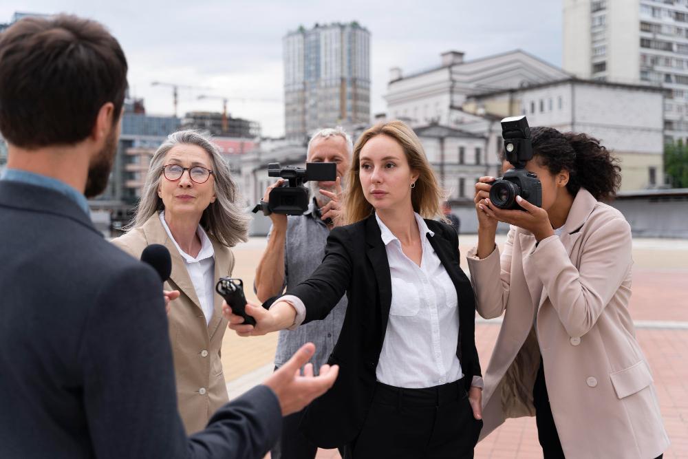 A photograph of several reporters on the street