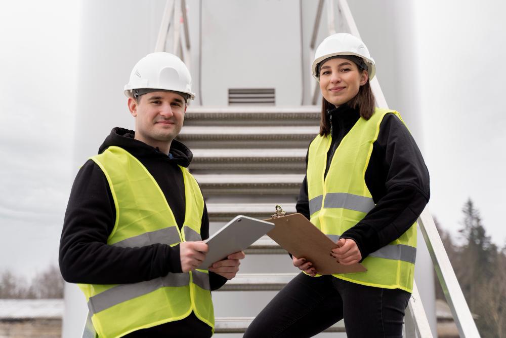 A photograph of two engineers standing on a set of stairs